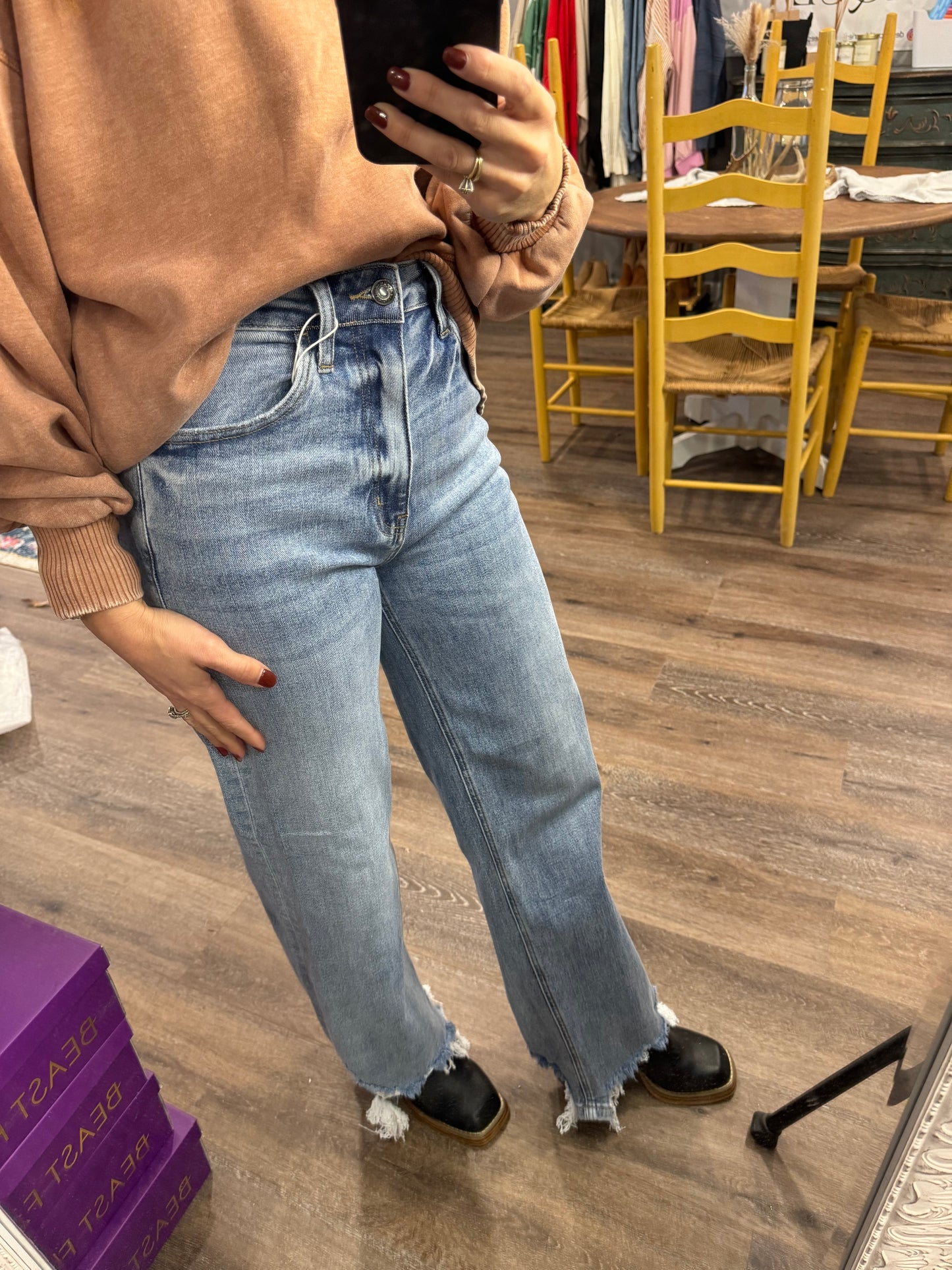 Asymmetrical Distressed Hem Straight Jeans