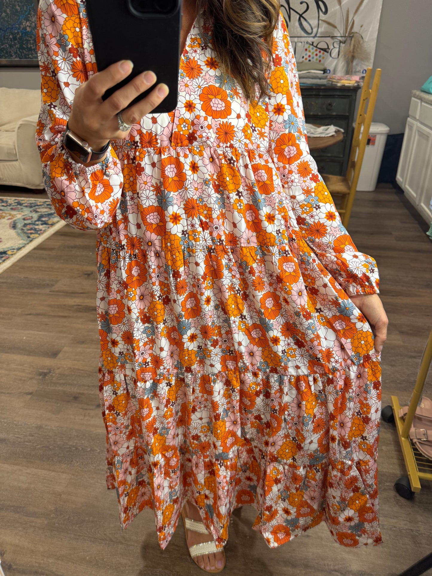 Boho Floral Long Sleeve Ruffle Dress