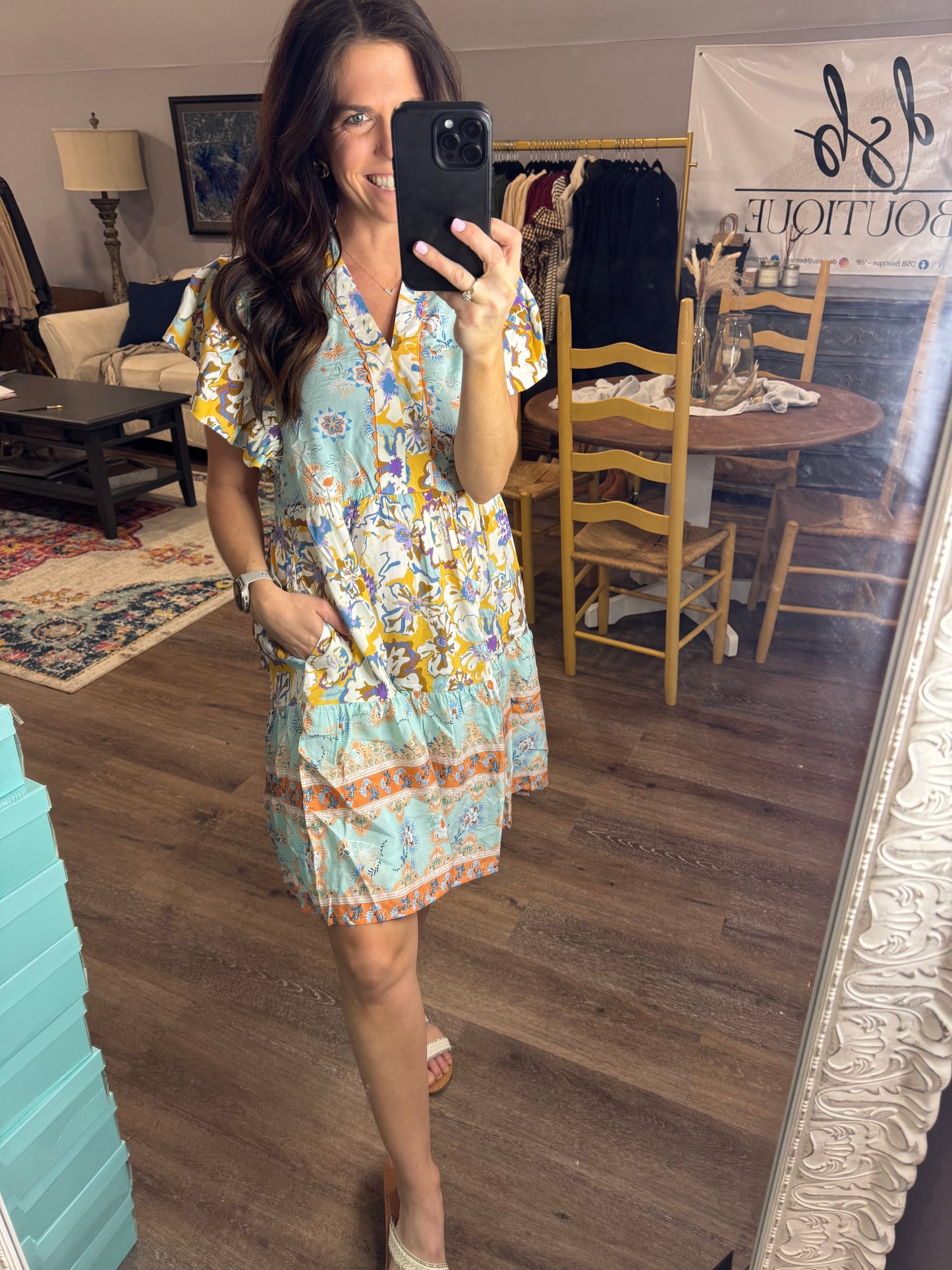 Mixed Print V-Neck Flutter Sleeve Dress