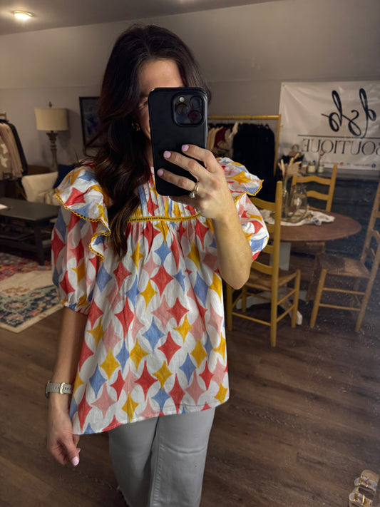 Pleated Colorful Puff Sleeve Top