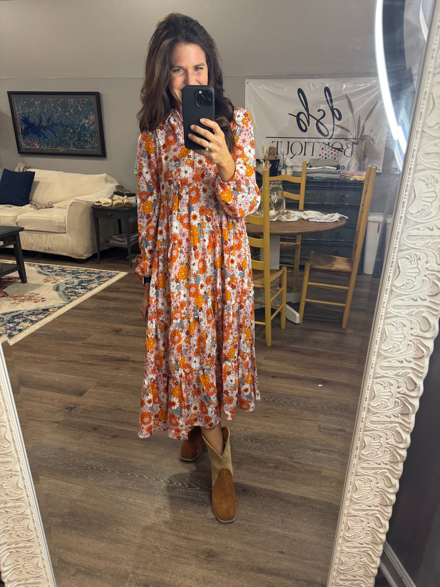 Boho Floral Long Sleeve Ruffle Dress