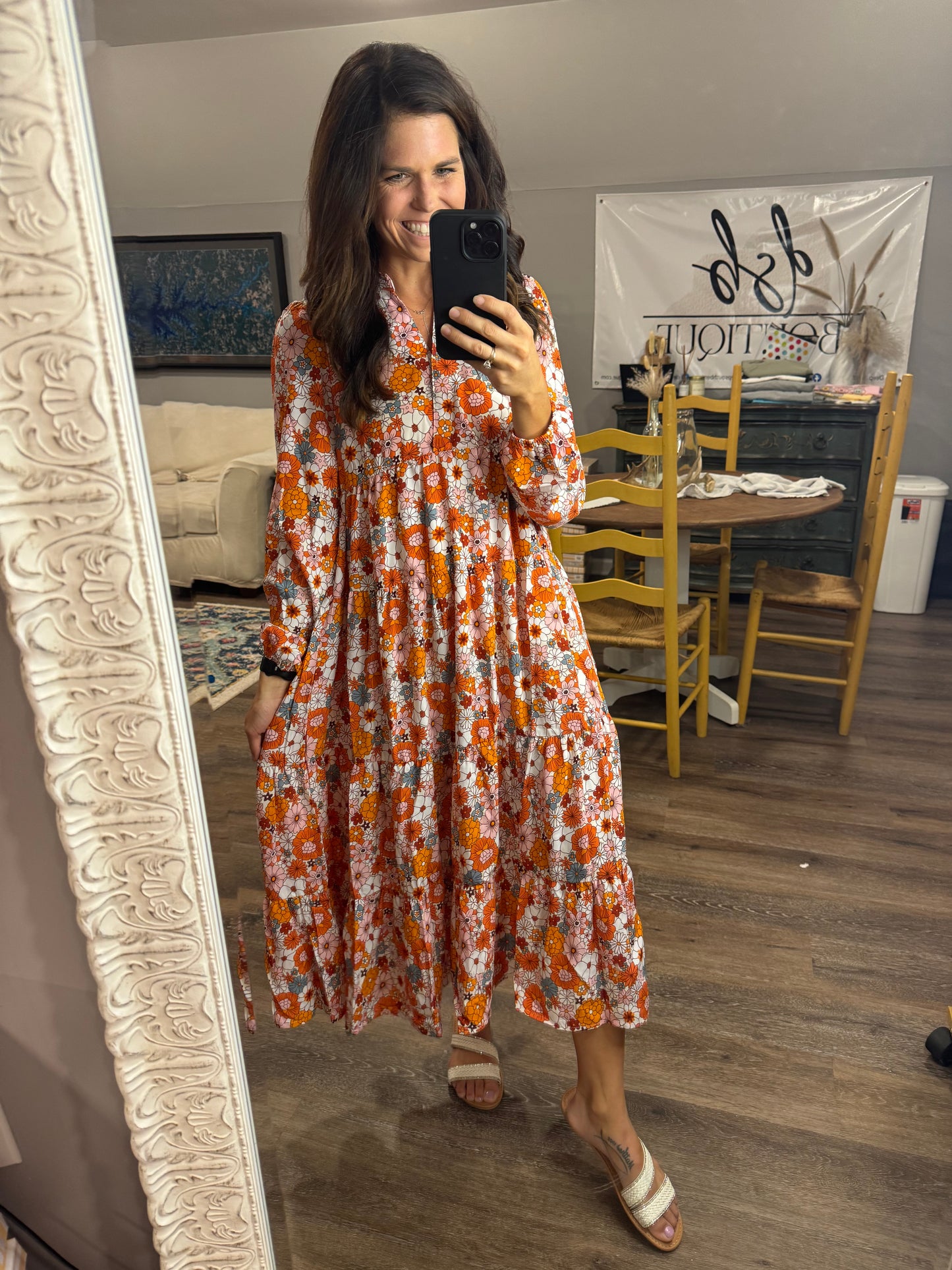 Boho Floral Long Sleeve Ruffle Dress