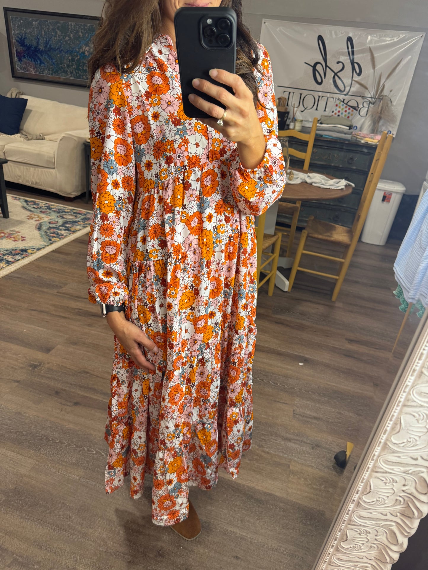 Boho Floral Long Sleeve Ruffle Dress