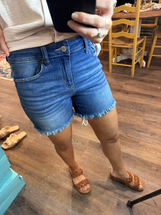 Mid Rise Raw Frayed Hem Denim Shorts