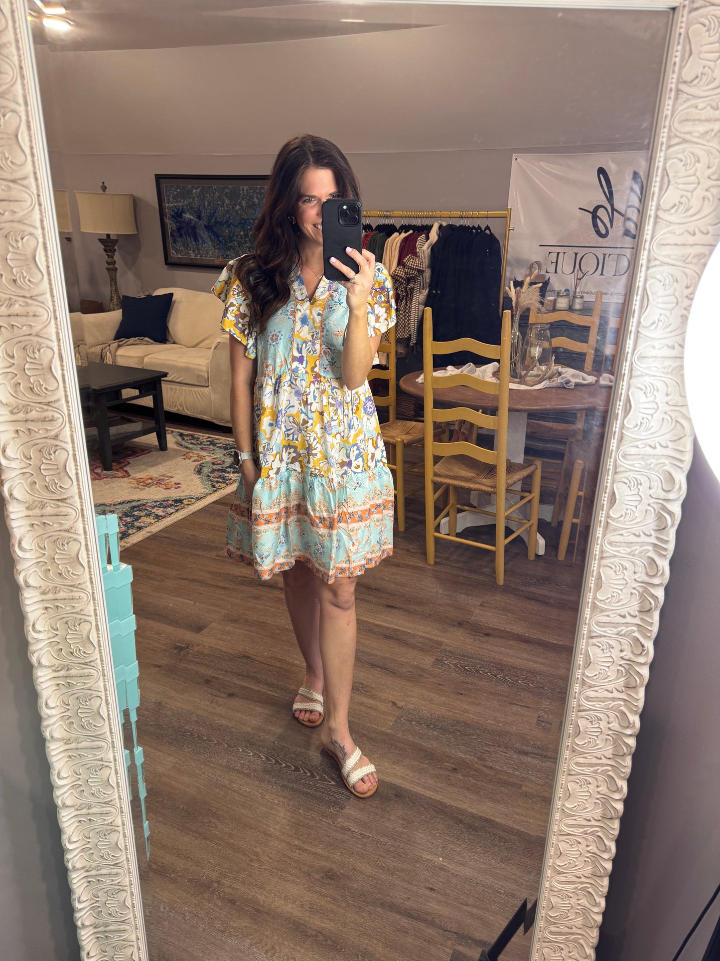 Mixed Print V-Neck Flutter Sleeve Dress