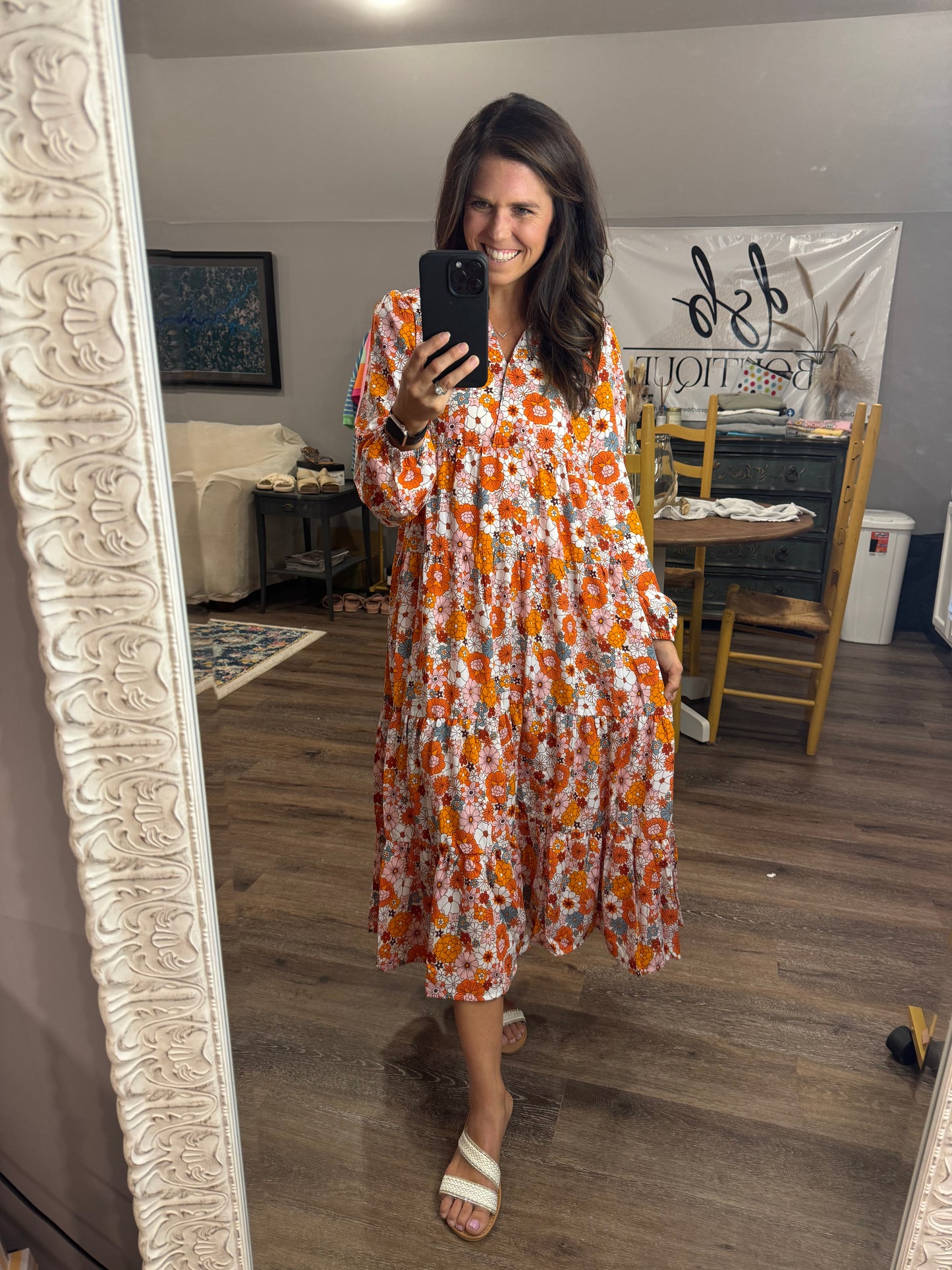 Boho Floral Long Sleeve Ruffle Dress