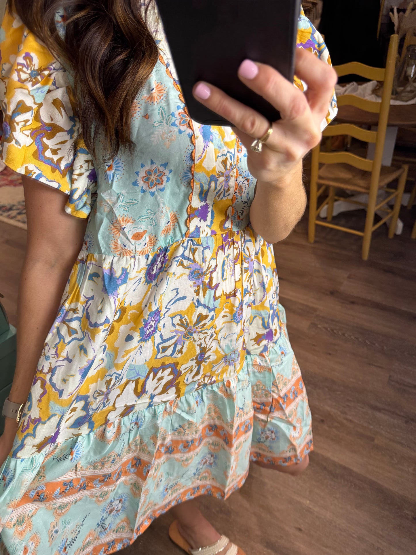 Mixed Print V-Neck Flutter Sleeve Dress