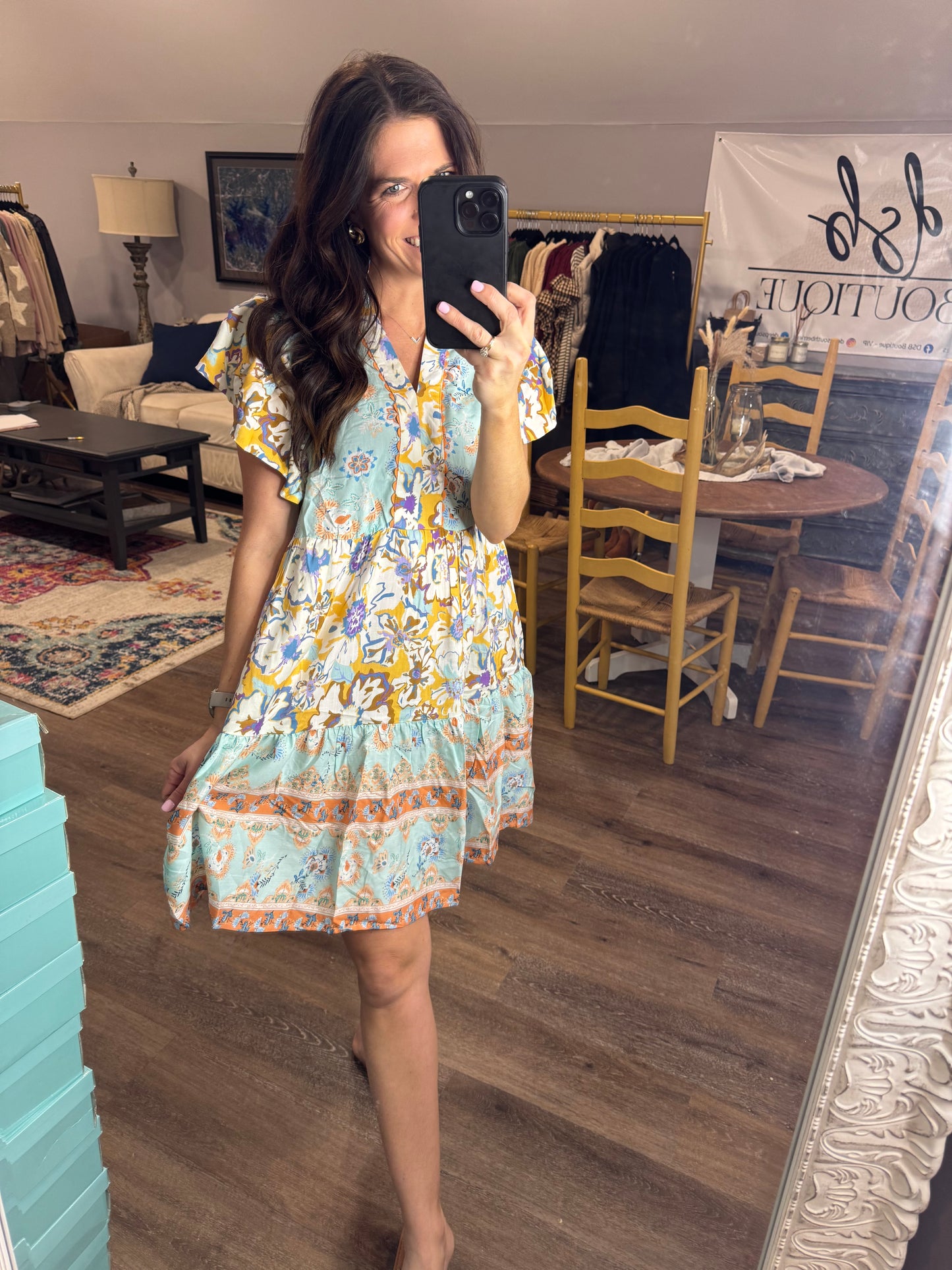 Mixed Print V-Neck Flutter Sleeve Dress