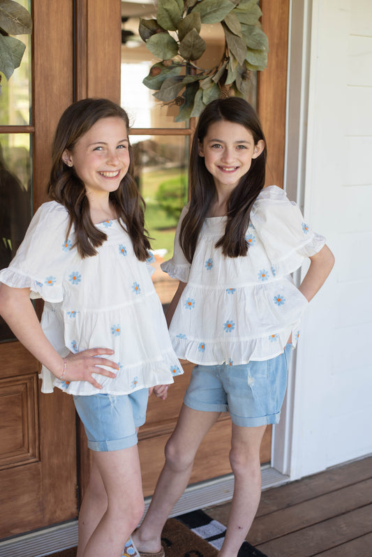 All Over Daisy Square Neck Top- Tween