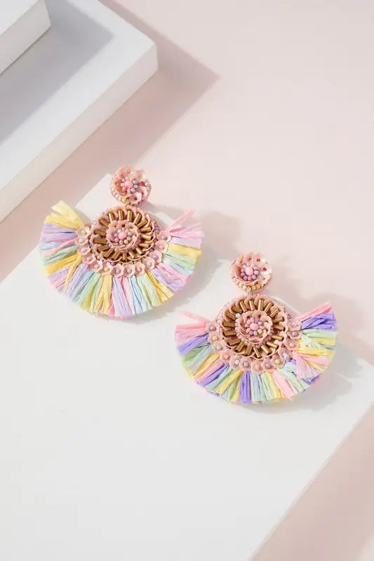 Raffia Fringe Sequin Flower Disc Drop Earrings